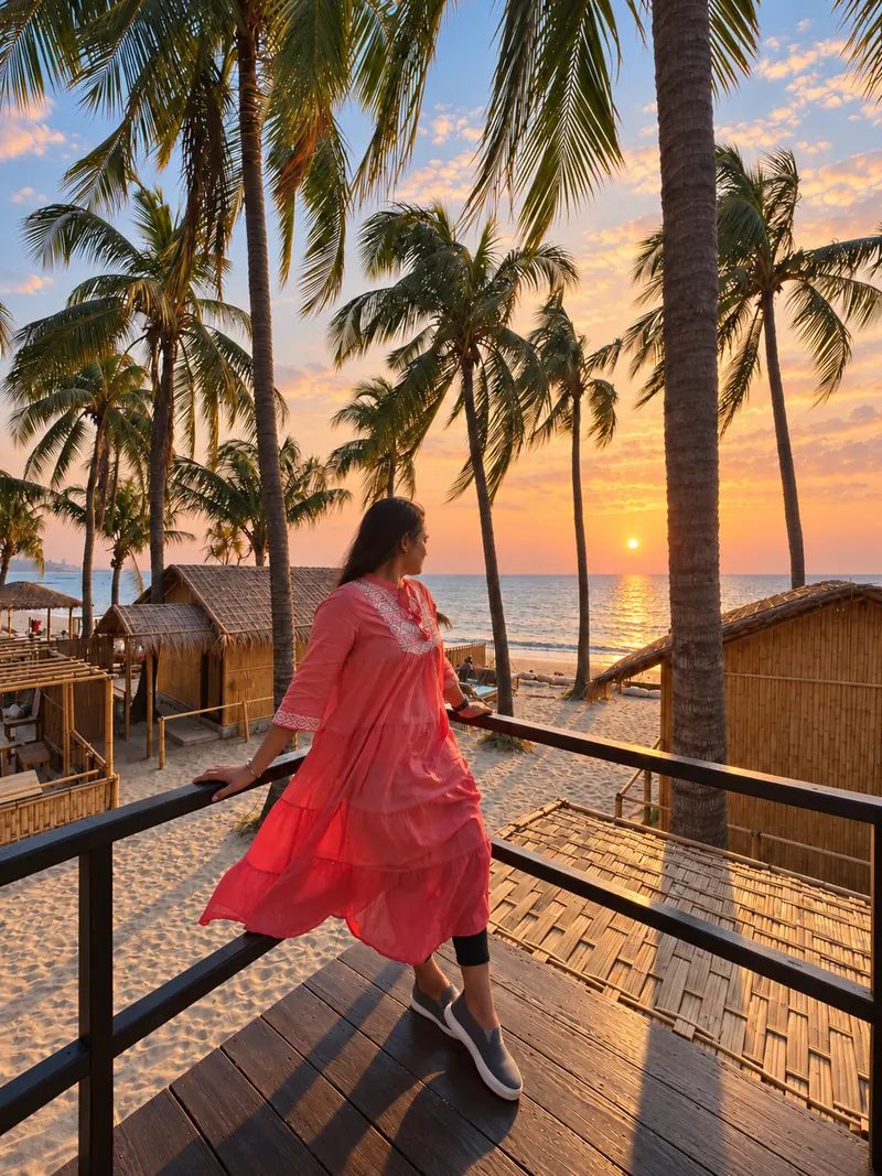 A guest watching the sunset over the sea and palm-lined cottages from a balcony at Dwipantor